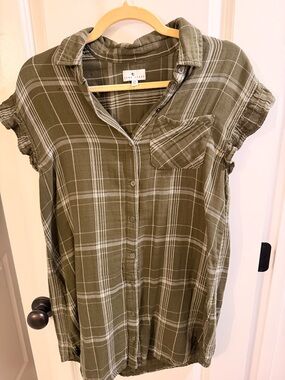 True Craft Olive Plaid Button-Front Shirt Dress